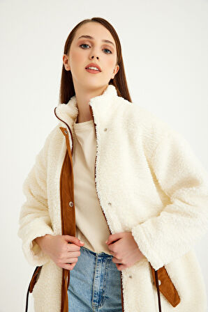 Peluş Beli Bağcıklı Kışlık Kadın Fermuarlı Tüylü Ceket