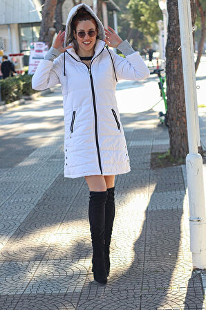 Kışlık Kapüşonlu Uzun Kadın Şişme Mont