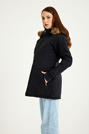 Kışlık Eldivenli Kapüşonlu Kürklü Kadın Şişme Mont