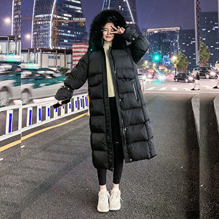 Diz Boy Kürk Detaylı Şişme Mont