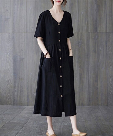 Keten Günlük Rahat V Yaka Beli Büzgü Detaylı Düğmeli Elbise