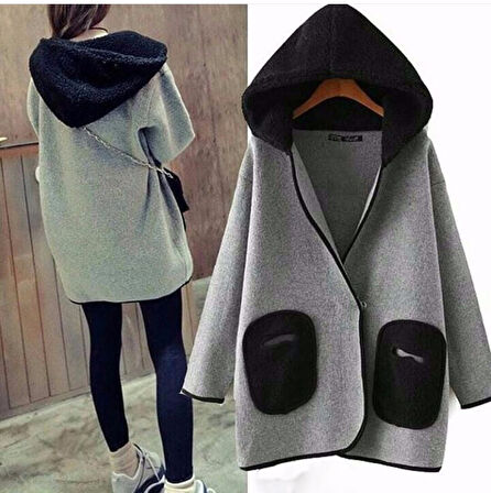 Sezonluk Kapüşonlu Cepli Kadın Uzun Ceket