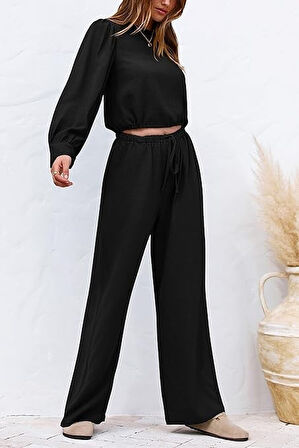 Keten Yazlık Yüksel Bel Pantolon Balon Kol Tasarım Bluz İkili takım Alt Üst