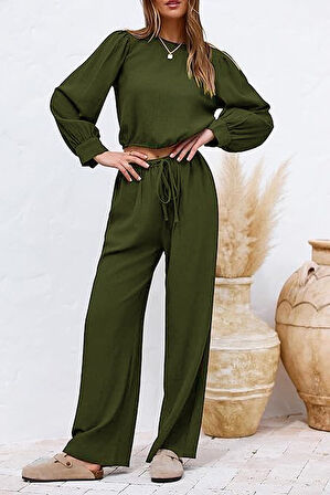 Keten Yazlık Yüksek Bel Pantolon Balon Kol Tasarım Bluz İkili takım Alt Üst