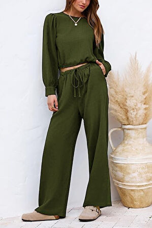 Keten Yazlık Yüksek Bel Pantolon Balon Kol Tasarım Bluz İkili takım Alt Üst