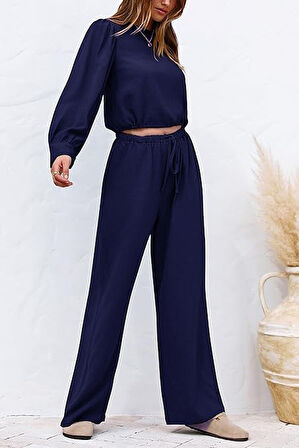 Keten Yazlık Yüksek Bel Pantolon Balon Kol Tasarım Bluz İkili takım Alt Üst