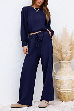 Keten Yazlık Yüksel Bel Pantolon Balon Kol Tasarım Bluz İkili takım Alt Üst