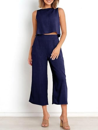 Keten Yazlık Yüksek Bel Kapri Pantolon Sırt Detaylı Kolsuz İkili Takım