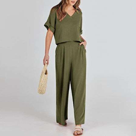 Zarif Kadin T-shirt ve Uzun Pantolon Alt Üst İkili Takım V Yaka Kısa Kollu Salaş Rahat Elbise