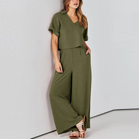 Zarif Kadin T-shirt ve Uzun Pantolon Alt Üst İkili Takım V Yaka Kısa Kollu Salaş Rahat Elbise