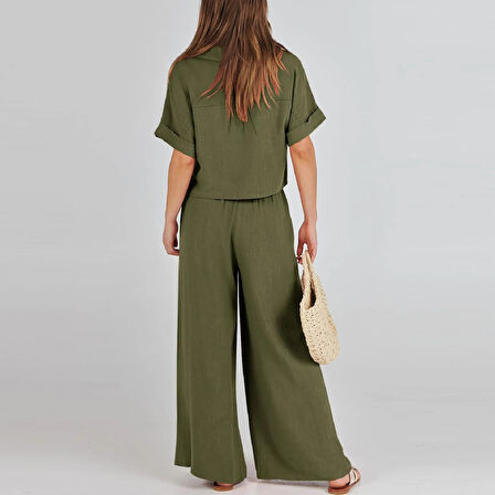 Zarif Kadin T-shirt ve Uzun Pantolon Alt Üst İkili Takım V Yaka Kısa Kollu Salaş Rahat Elbise