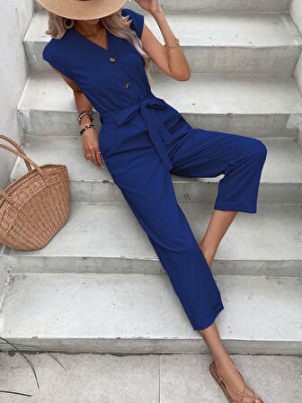 Keten Kadın V Yaka Tek Sıra Düğmeli Lacivert Kolsuz Tulum