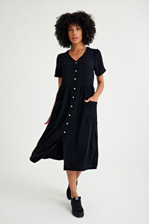 Keten Günlük Rahat V Yaka Beli Büzgü Detaylı Düğmeli Elbise