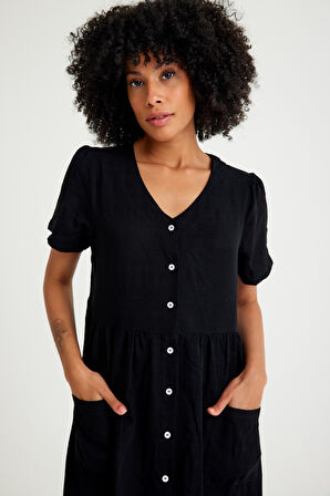 Keten Günlük Rahat V Yaka Beli Büzgü Detaylı Düğmeli Elbise