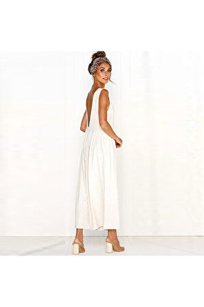 Keten Yazlık Günlük Sırt Dekolteli Salaş Kadın Tulum