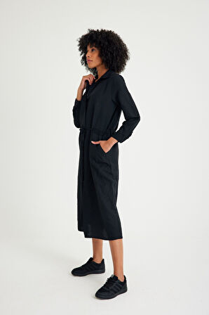 Keten Günlük Rahat Beli Bağcık Detaylı Uzun Kol Elbise