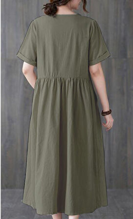 Keten Günlük Rahat V Yaka Beli Büzgü Detaylı Düğmeli Elbise