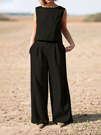 Keten Günlük Rahat  Kolsuz  Alt Üst Kadın Takım