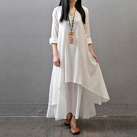 Günlük Salaş Kadın İki Katlı Ekru Yazlık Elbise