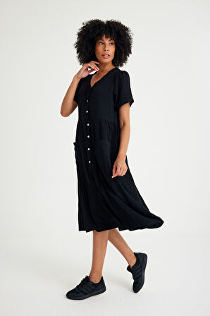 Keten Günlük Rahat V Yaka Beli Büzgü Detaylı Düğmeli Elbise