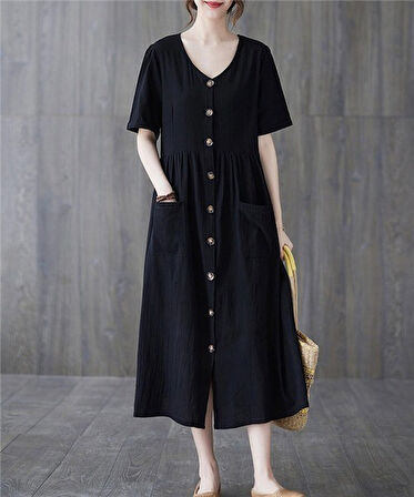 Keten Günlük Rahat V Yaka Beli Büzgü Detaylı Düğmeli Elbise