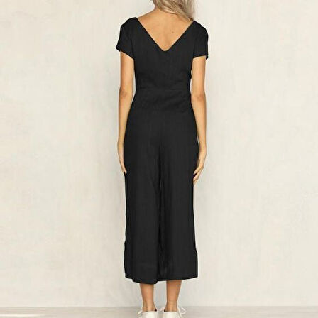 Keten Günlük Yazlık V Yaka Kısa Paça Tasarım Kadın Tulum