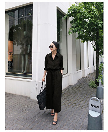 Keten Günlük Rahat Beli Bağcık Detaylı Uzun Kol Elbise