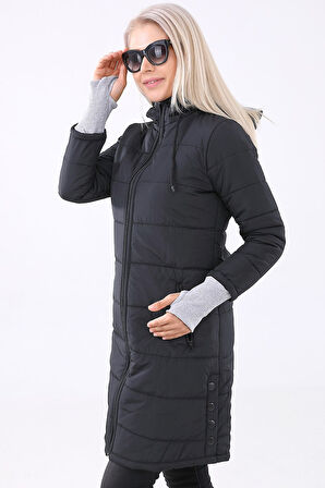 Kışlık Kapüşonlu Eldiven Detaylı Kadın Şişme Mont