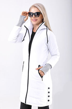 Eldiven Detaylı Kışlık Kapüşonlu Orta Boy Kadın Şişme Mont