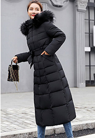 Kışlık Tam Boy Kürklü Kapüşonlu Kadın Şişme Mont