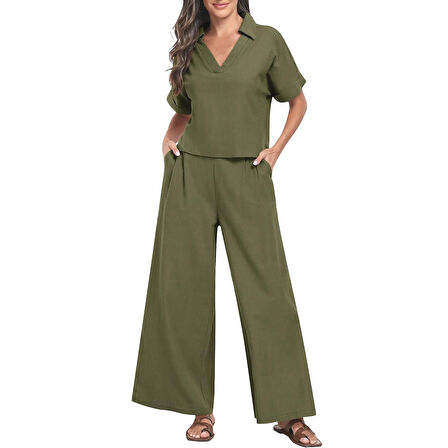 Zarif Kadin T-shirt ve Uzun Pantolon Alt Üst İkili Takım V Yaka Kısa Kollu Salaş Rahat Elbise