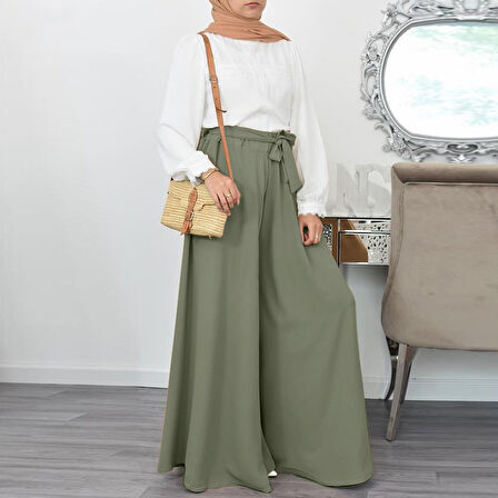 Kemerli Kadın Pantolon Şalvar Keten Yazlık Günlük