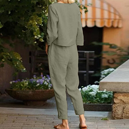 Rahat Beli Kemerli Kadın İkili Takım Alt Üst Keten Günlük