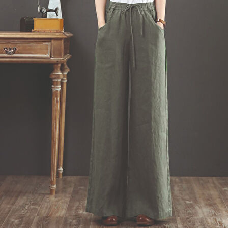 Tasarım Özel Keten Günlük Pantolon Beli Lastikli Bağcıklı