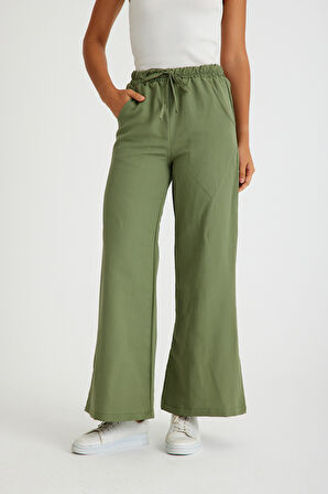 Tasarım Beli Lastikli Bağcıklı Keten Günlük Pantolon