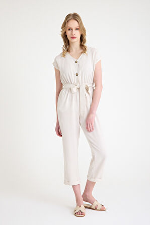 Keten Kadın V Yaka Tek Sıra Düğmeli Kolsuz Tulum