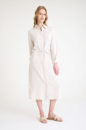 Keten Günlük Rahat Beli Bağcık Detaylı Uzun Kol Elbise