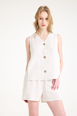 Keten Yazlık Dekolteli Kolsuz Bluz Şort İkili Takım