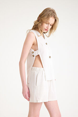 Keten Yazlık Dekolteli Kolsuz Bluz Şort İkili Takım