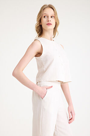 Keten Yazlık Yüksel Bel Capri Pantolon Sırt Detaylı Kolsuz İkili Takım