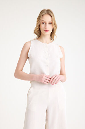 Keten Yazlık Yüksel Bel Capri Pantolon Sırt Detaylı Kolsuz İkili Takım