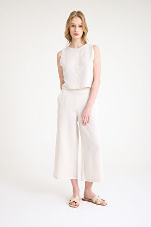 Keten Yazlık Yüksel Bel Capri Pantolon Sırt Detaylı Kolsuz İkili Takım