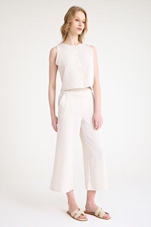 Keten Yazlık Yüksel Bel Capri Pantolon Sırt Detaylı Kolsuz İkili Takım