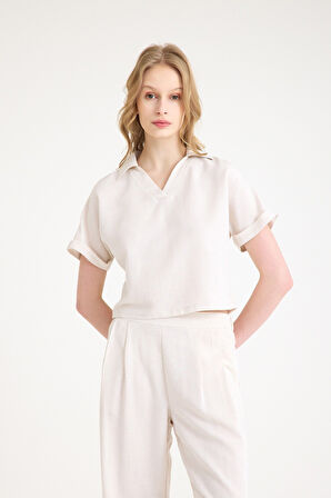 Keten Zarif Kadin T-shirt ve Uzun Pantolon Alt Üst İkili Takım V Yaka Kısa Kollu Salaş Rahat Elbise