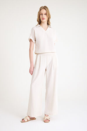 Keten Zarif Kadin T-shirt ve Uzun Pantolon Alt Üst İkili Takım V Yaka Kısa Kollu Salaş Rahat Elbise