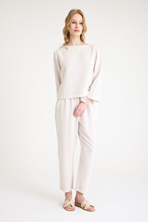 Keten Günlük Rahat Beli Kemerli Kadın İkili Takım Alt Üst