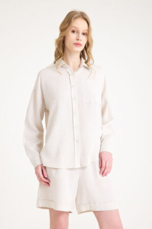 Keten Yazlık Uzun Kol Gömlek Şort İkili Takım