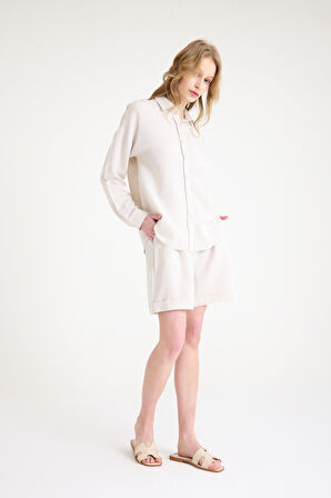 Keten Yazlık Uzun Kol Gömlek Şort İkili Takım