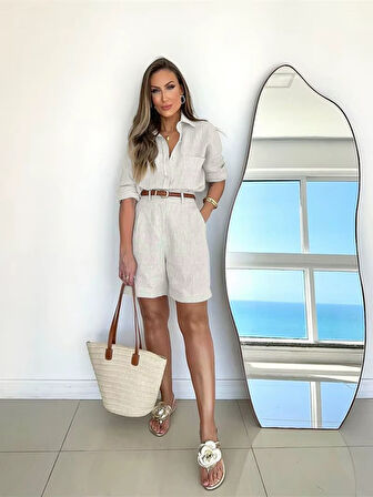 Keten Yazlık Uzun Kol Gömlek Şort İkili Takım