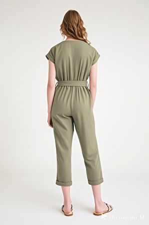 Keten Kadın V Yaka Tek Sıra Düğmeli Kolsuz Tulum